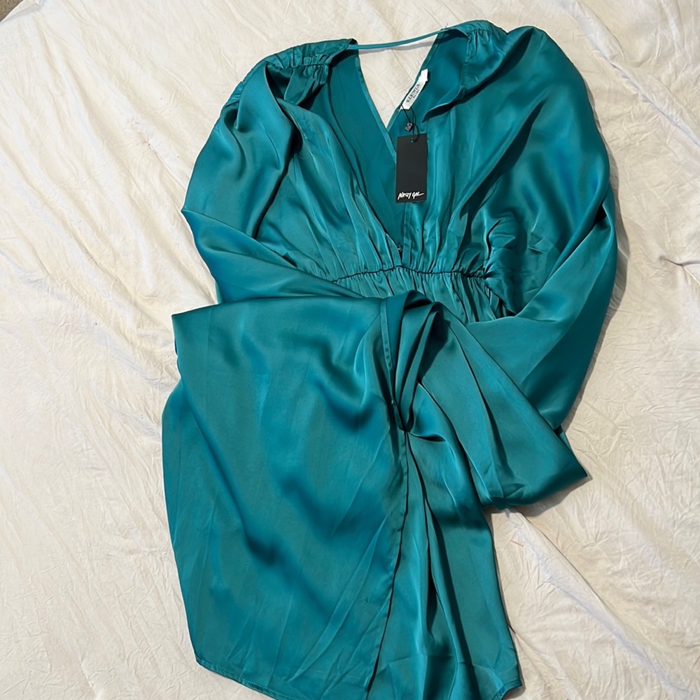 Teal satin dress from Nasty Gal